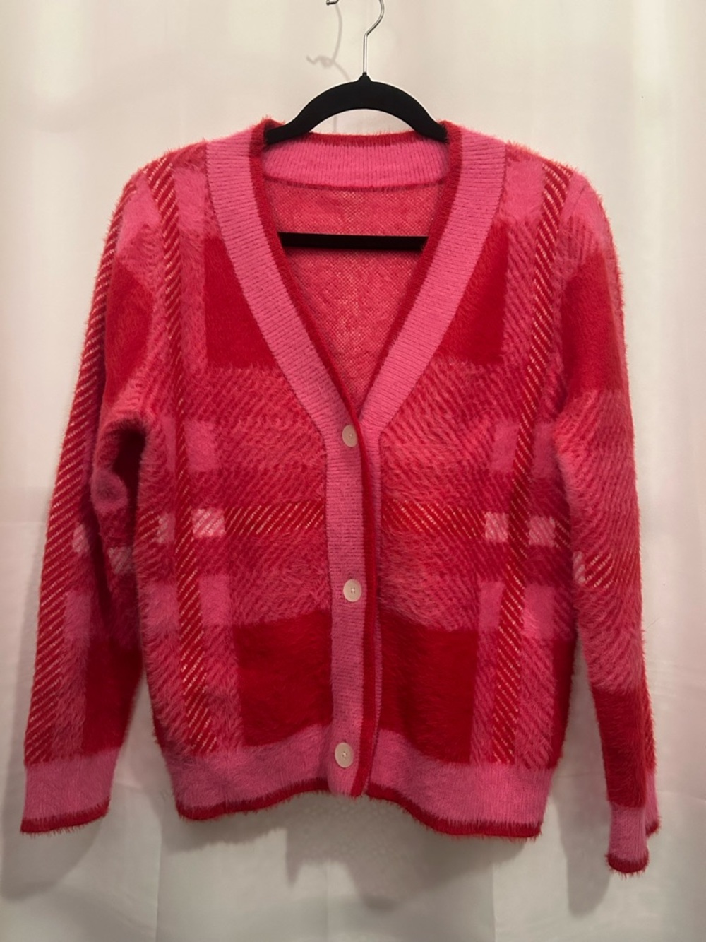 Acrylic Mohair Ultra Soft Pink Plaid Button-Front Women's Cardigan Sweater